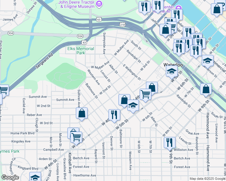 map of restaurants, bars, coffee shops, grocery stores, and more near 315 Locust Street in Waterloo