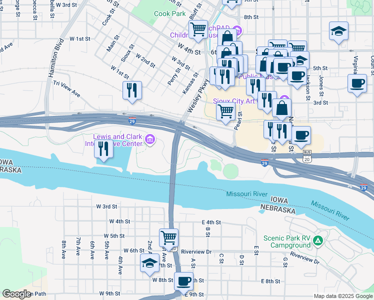 map of restaurants, bars, coffee shops, grocery stores, and more near Larsen Park Road in Sioux City
