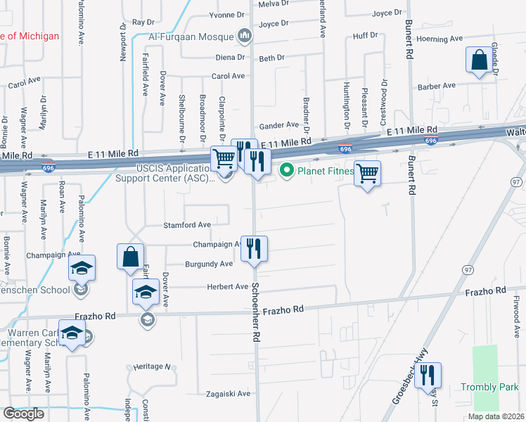map of restaurants, bars, coffee shops, grocery stores, and more near 13650 McKinley Avenue in Warren
