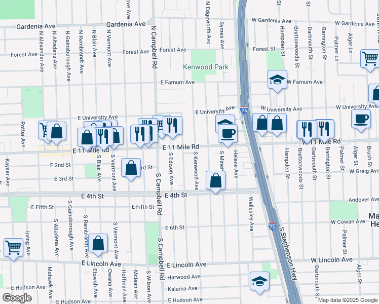 map of restaurants, bars, coffee shops, grocery stores, and more near 2003 East Eleven Mile Road in Royal Oak