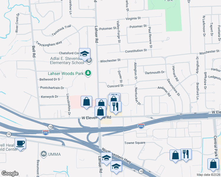 map of restaurants, bars, coffee shops, grocery stores, and more near 21730 Concord Court in Southfield