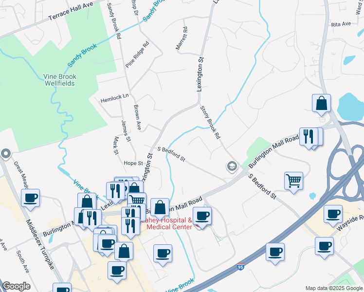 map of restaurants, bars, coffee shops, grocery stores, and more near 16 Fred Street in Burlington