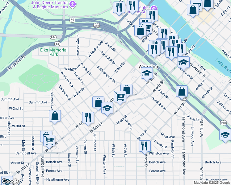 map of restaurants, bars, coffee shops, grocery stores, and more near 834 West 4th Street in Waterloo