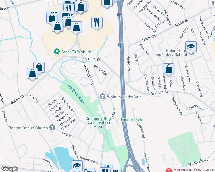 map of restaurants, bars, coffee shops, grocery stores, and more near 56 Mill Street in Woburn