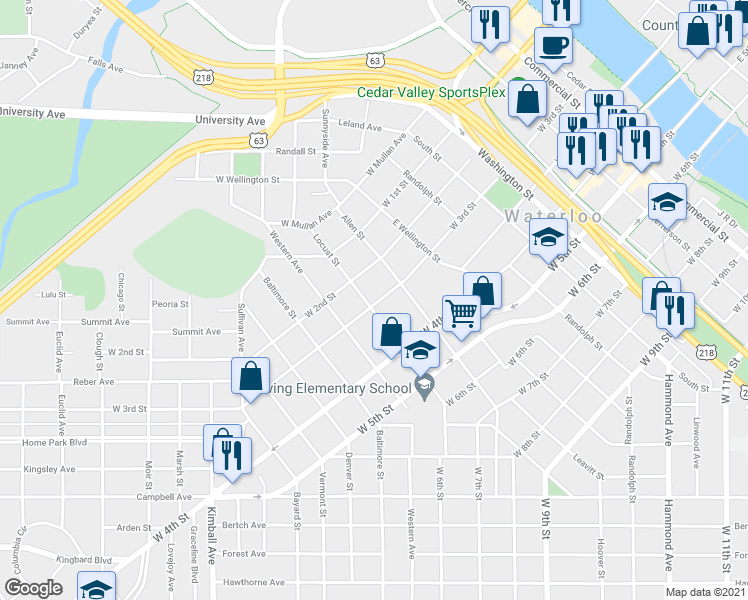 map of restaurants, bars, coffee shops, grocery stores, and more near 930 West 3rd Street in Waterloo