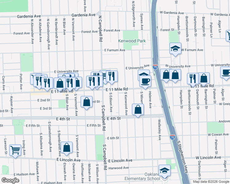 map of restaurants, bars, coffee shops, grocery stores, and more near 15 North Dorchester Avenue in Royal Oak