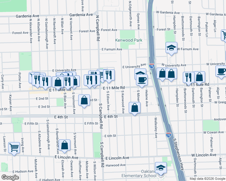 map of restaurants, bars, coffee shops, grocery stores, and more near 15 North Dorchester Avenue in Royal Oak