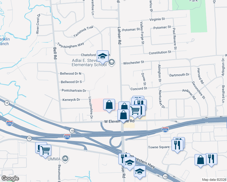 map of restaurants, bars, coffee shops, grocery stores, and more near 27577 Lahser Road in Southfield