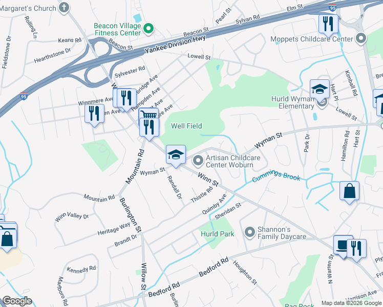 map of restaurants, bars, coffee shops, grocery stores, and more near 7 Wyman Street in Burlington