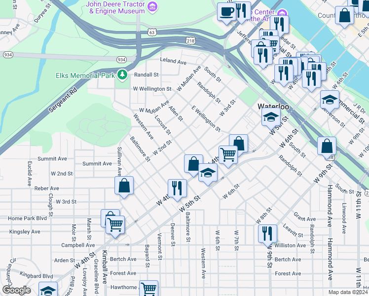 map of restaurants, bars, coffee shops, grocery stores, and more near 932 West 3rd Street in Waterloo