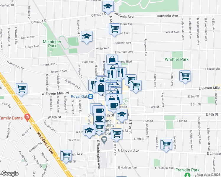 map of restaurants, bars, coffee shops, grocery stores, and more near 120 North Center Street in Royal Oak
