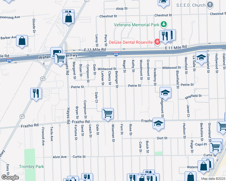map of restaurants, bars, coffee shops, grocery stores, and more near 26430 Clancy Street in Roseville