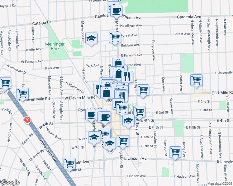 map of restaurants, bars, coffee shops, grocery stores, and more near 120 North Center Street in Royal Oak