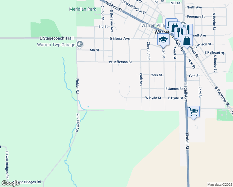 map of restaurants, bars, coffee shops, grocery stores, and more near 102 Nebula Drive in Warren