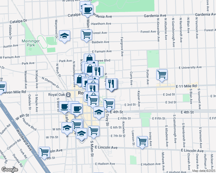 map of restaurants, bars, coffee shops, grocery stores, and more near 309 East Eleven Mile Road in Royal Oak