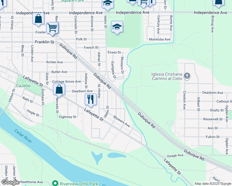 map of restaurants, bars, coffee shops, grocery stores, and more near 1498 Dubuque Road in Waterloo