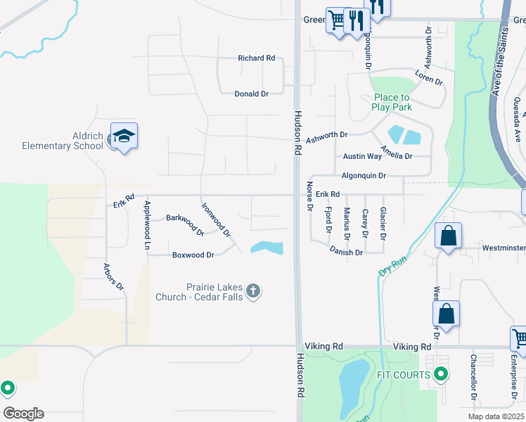 map of restaurants, bars, coffee shops, grocery stores, and more near 1819 Meadow View Circle in Cedar Falls