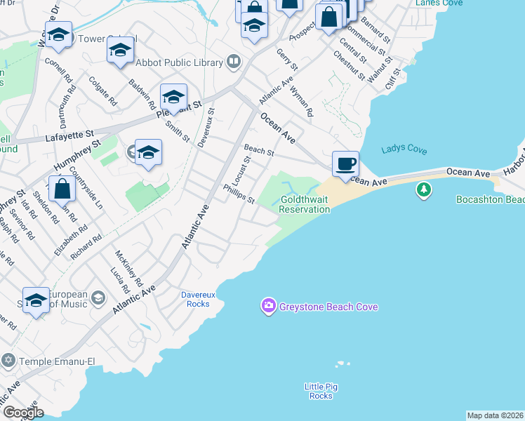 map of restaurants, bars, coffee shops, grocery stores, and more near 49 Phillips Street in Marblehead