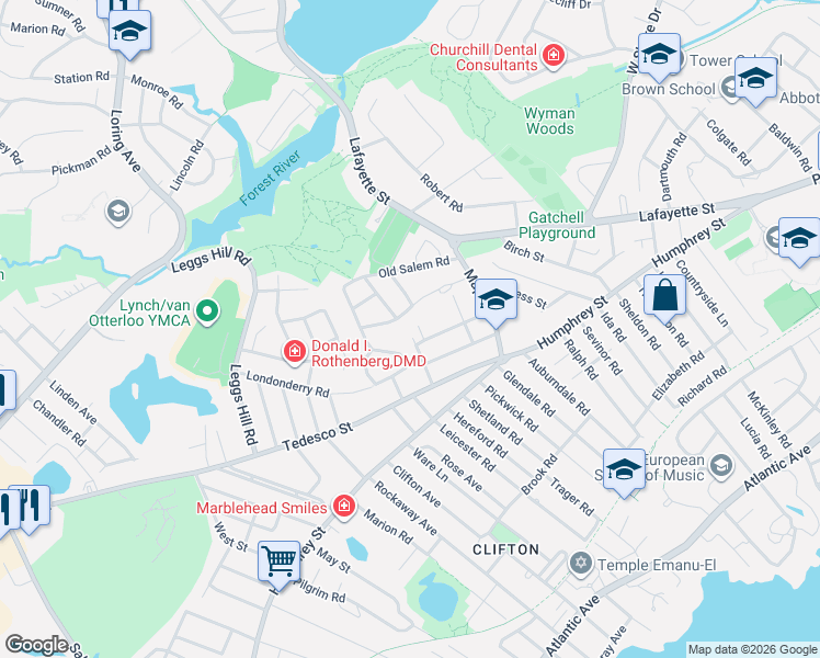 map of restaurants, bars, coffee shops, grocery stores, and more near 11 Hillcrest Road in Marblehead
