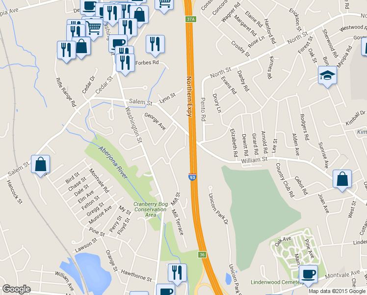 map of restaurants, bars, coffee shops, grocery stores, and more near 82 Mill Street in Woburn