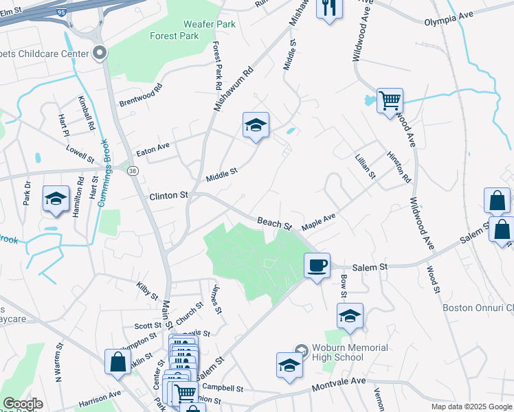 map of restaurants, bars, coffee shops, grocery stores, and more near 8 Maywood Terrace in Woburn