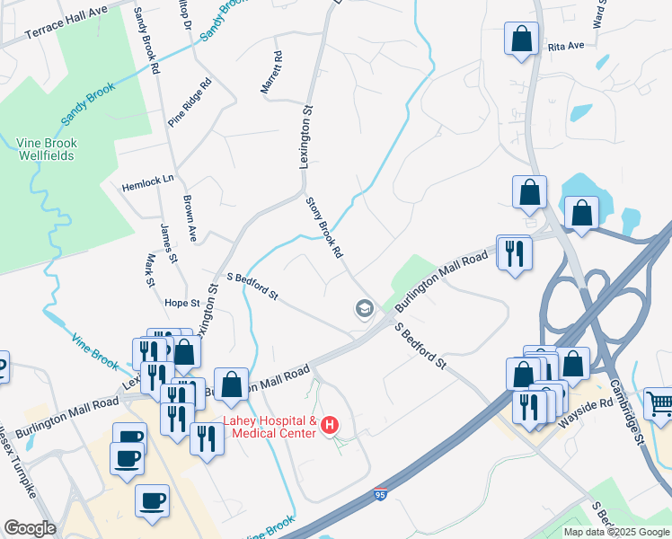 map of restaurants, bars, coffee shops, grocery stores, and more near 18 Stony Brook Road in Burlington