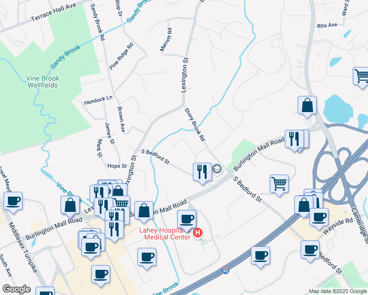 map of restaurants, bars, coffee shops, grocery stores, and more near 6 Fred Street in Burlington