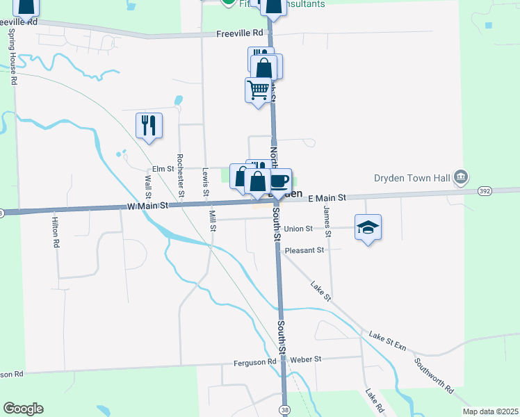 map of restaurants, bars, coffee shops, grocery stores, and more near 21 West Main Street in Dryden