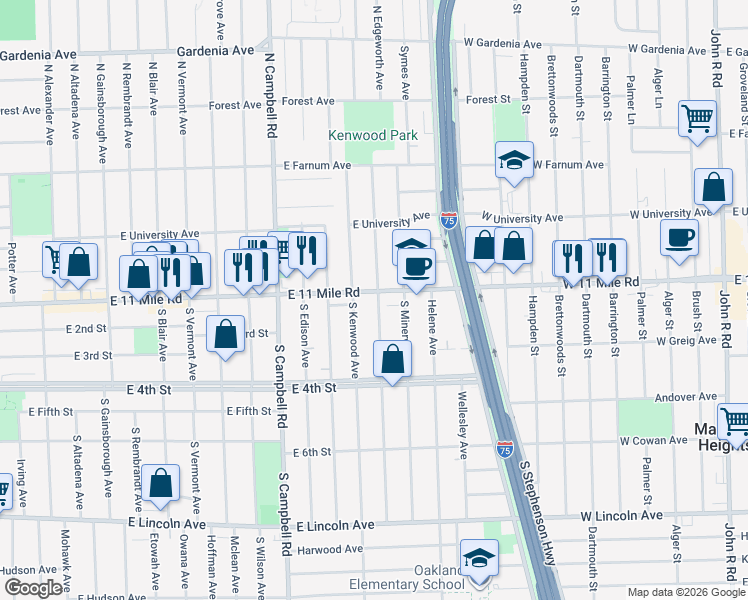 map of restaurants, bars, coffee shops, grocery stores, and more near 2003 East Eleven Mile Road in Royal Oak