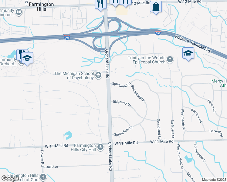 map of restaurants, bars, coffee shops, grocery stores, and more near 26814 Orchard Lake Road in Farmington Hills