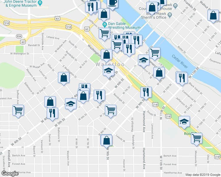 map of restaurants, bars, coffee shops, grocery stores, and more near 629 West 5th Street in Waterloo