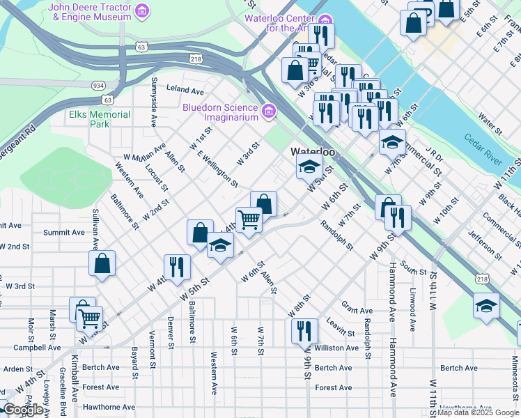map of restaurants, bars, coffee shops, grocery stores, and more near 800 West 4th Street in Waterloo