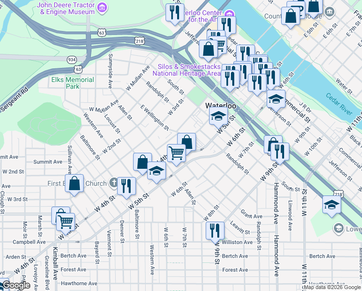map of restaurants, bars, coffee shops, grocery stores, and more near 800 West 4th Street in Waterloo