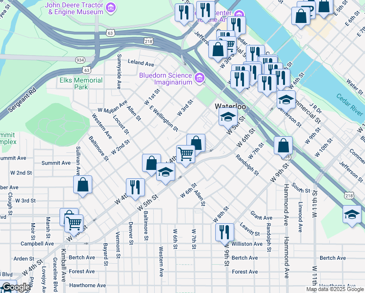 map of restaurants, bars, coffee shops, grocery stores, and more near 834 West 4th Street in Waterloo