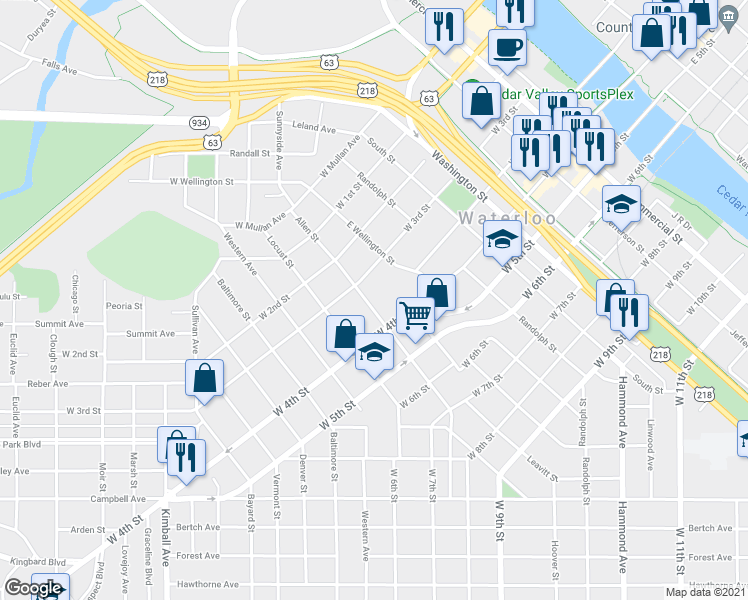 map of restaurants, bars, coffee shops, grocery stores, and more near 402 Allen Street in Waterloo