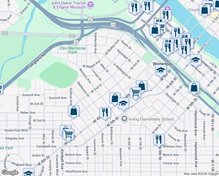 map of restaurants, bars, coffee shops, grocery stores, and more near 315 Locust Street in Waterloo
