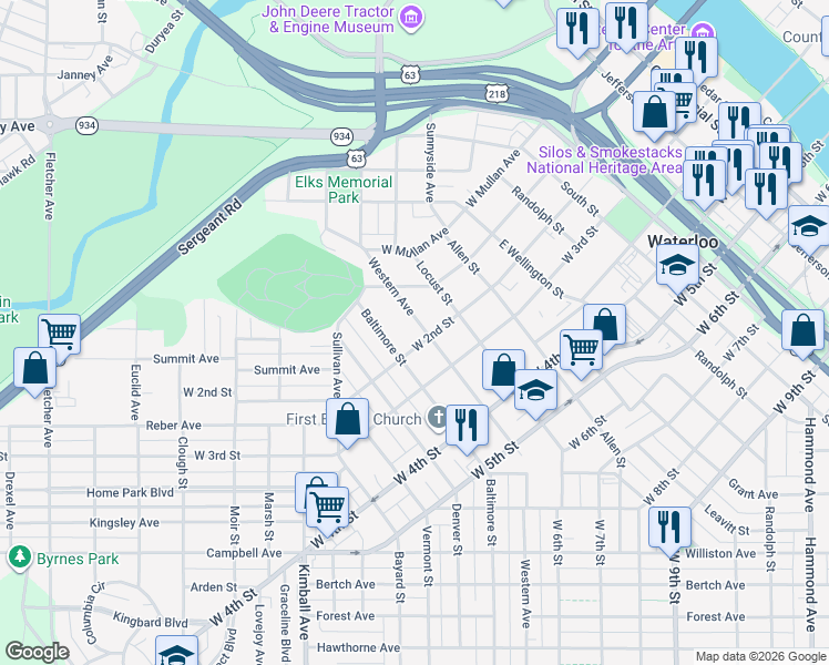 map of restaurants, bars, coffee shops, grocery stores, and more near 258 Western Avenue in Waterloo