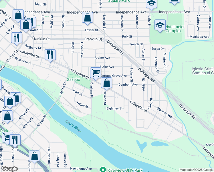 map of restaurants, bars, coffee shops, grocery stores, and more near 103 Dearborn Avenue in Waterloo