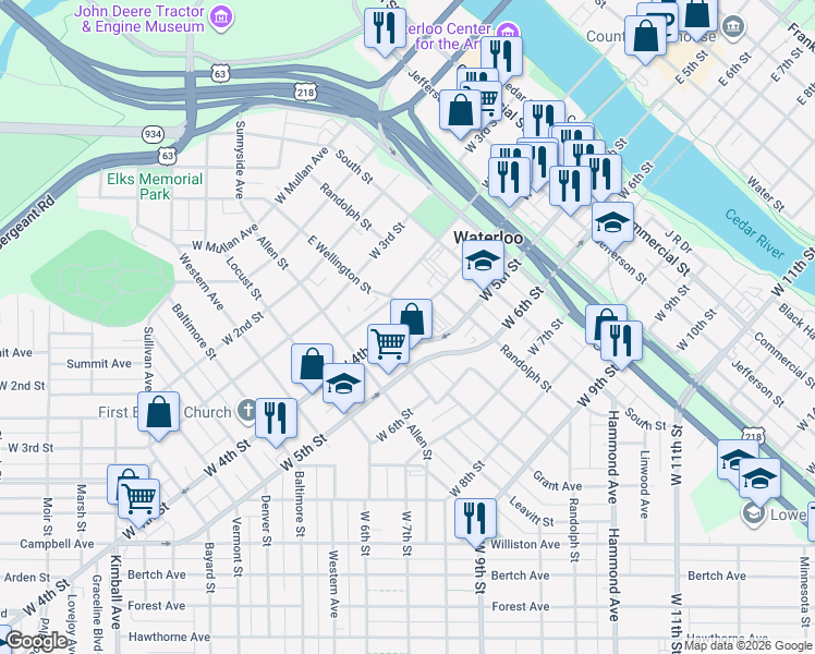map of restaurants, bars, coffee shops, grocery stores, and more near 800 West 4th Street in Waterloo