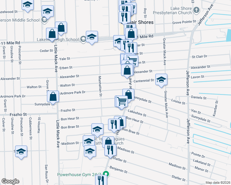 map of restaurants, bars, coffee shops, grocery stores, and more near 21325 Ardmore in St. Clair Shores