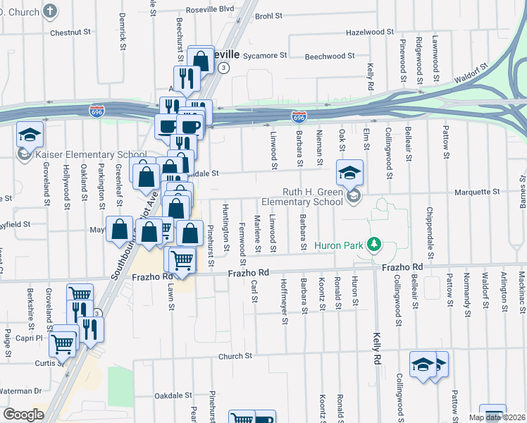 map of restaurants, bars, coffee shops, grocery stores, and more near 18050 Marquette Street in Roseville