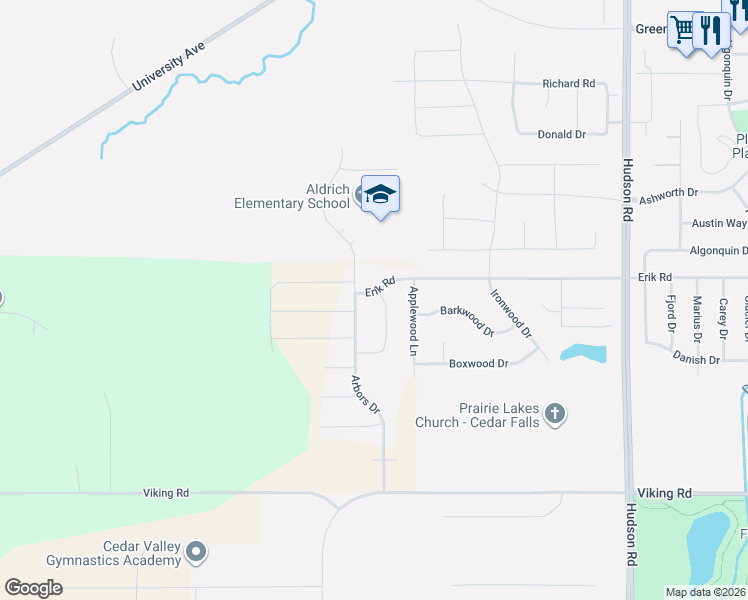 map of restaurants, bars, coffee shops, grocery stores, and more near 5301 Applewood Lane in Cedar Falls