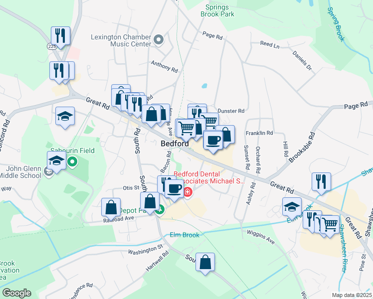 map of restaurants, bars, coffee shops, grocery stores, and more near 160 Great Road in Bedford