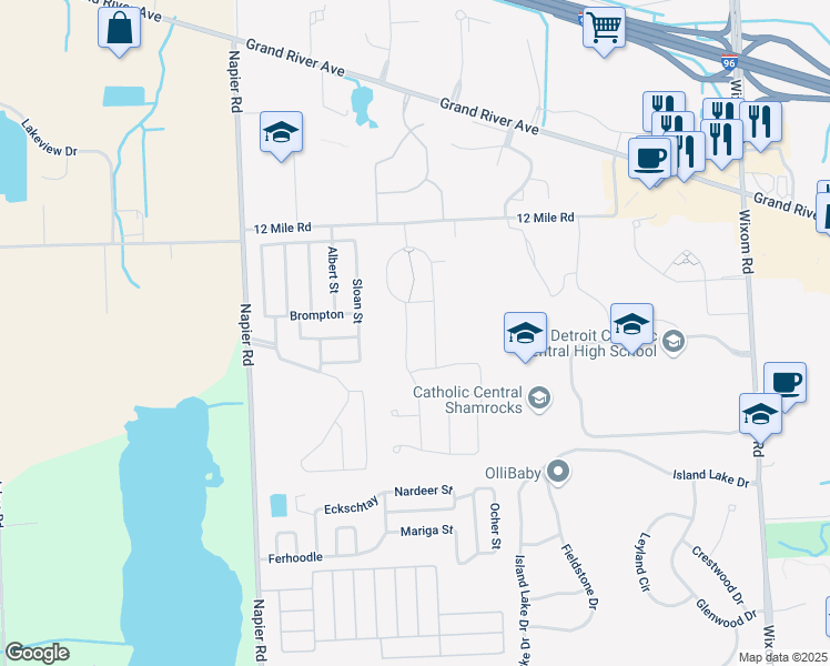 map of restaurants, bars, coffee shops, grocery stores, and more near 27568 Pamplona Lane in Novi