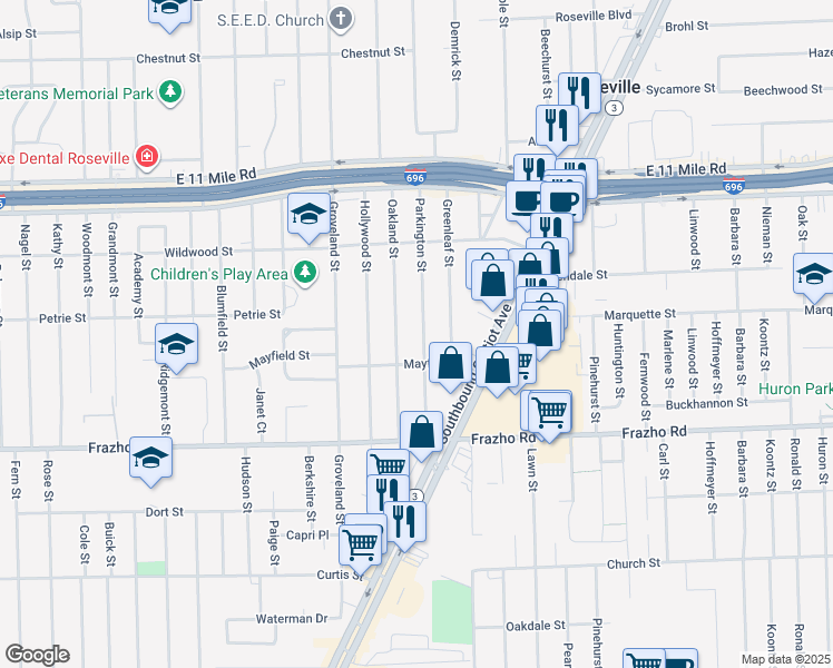 map of restaurants, bars, coffee shops, grocery stores, and more near 26374 Parkington Street in Roseville