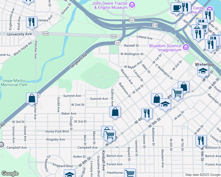 map of restaurants, bars, coffee shops, grocery stores, and more near 232 Sullivan Avenue in Waterloo