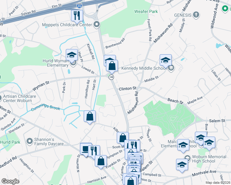 map of restaurants, bars, coffee shops, grocery stores, and more near 648 Main Street in Woburn