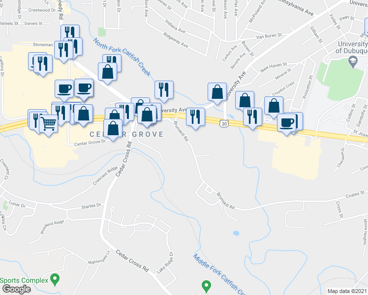 map of restaurants, bars, coffee shops, grocery stores, and more near 3100 Brunskill Road in Dubuque
