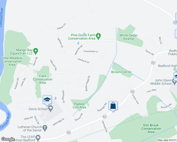 map of restaurants, bars, coffee shops, grocery stores, and more near 13 Battle Flagg Road in Bedford