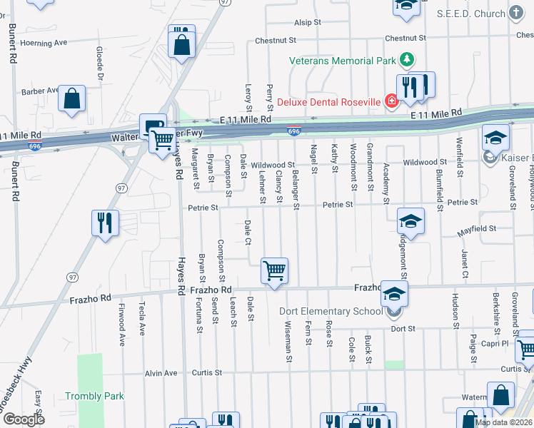 map of restaurants, bars, coffee shops, grocery stores, and more near 26440 Lehner Street in Roseville